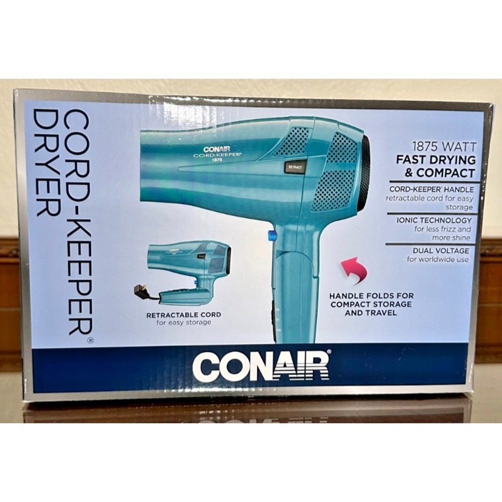 Conair 1875 Watt Cord Keeper Foldable Hair Dryer Retractable Cord Dual Voltage